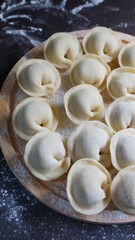 dumplings, a traditional dish of Russian cuisine, made of dough stuffed with minced meat, minced meat, cooking process, modeling, recipe