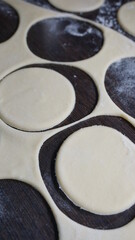 cooking process, modeling, recipe, dough, cut out round pieces, roll out with a wooden rolling pin, flour, dumplings