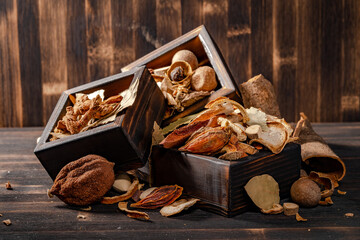 Traditional condiments on dark wood grain background