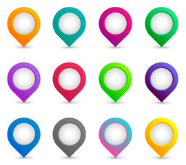 Set of round 3D map pointers. Location pin icons. Navigation set. Vector stock illustration