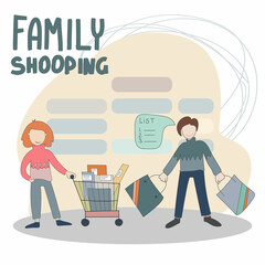 Family Cartoon Vector Characters Walking with Supermarket Shopping Cart Full of Food Products Isolated on White Background. Parents with Son Buying Groceries, Making Purchases in Shop