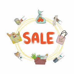 Cartoon card with expression text Sale, shopping elements as bill, purse, money, coins in hand, shopping bag and basket with product. Vector bright dynamic cartoon illustration in cartoon style