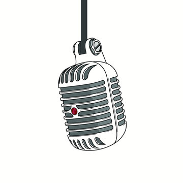 Vintage retro michrophone realistic. Old school hanging mic vector illustration. Classic style silver metallic microphone. Voice recorder. Sound technology on white background