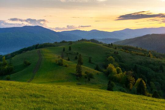 carpathian mountain landscape at dusk. idyllic nature scenery in evening light. trees on the grassy hills and meadows rolling in to the distant rural valley at the foot of borzhava ridge