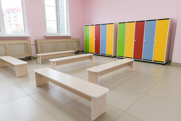 Modern day care nursery or pre-school, spacious interiors, lockers and storage