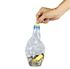 Plastic bottle recycle and coin, gold,man hand isolated on white background.Concept recycling business.