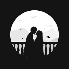 couple silhouette vector design on the edge of the mountain kissing passionately