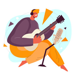 Cartoon trendy designed flat hand drawn man plays guitar indoor. illustration can be used for web and application design, special offers, 
print design, postcards, t-shirts, posters.
