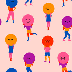 Playful people holding large circles with faces instead of heads. Big round colorful heads with various Emotions. Different mood concept. Hand drawn Vector seamless Pattern. Background, wallpaper