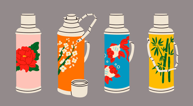 Vintage vacuum bottles. Thermos with aluminum cover and handle. Chinese retro thermo flask. Different patterns on side: flowers, fish, bloom, bamboo. Hand drawn Vector illustration. Cartoon style