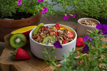 Tropical Salad of Fruits with mango, strawberry, kiwi, melon and granola