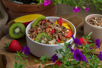 Tropical Salad of Fruits with mango, strawberry, kiwi, melon and granola