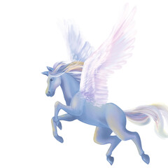 A beautiful sky blue unicorn. The large spreading wings of the unicorn are carried high into the sky. A magical and mysterious horse with wings and a horn.