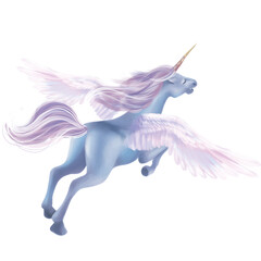 Fototapety  A beautiful sky blue unicorn. The large spreading wings of the unicorn are carried high into the sky. A magical and mysterious horse with wings and a horn.