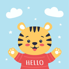 card of cartoon happy tiger, vector illustration