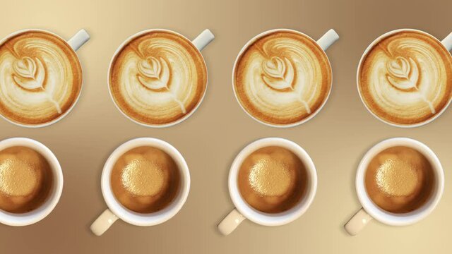 two lines with many cups of cappuccino and americano animated in different direction on a natural beige background.  Coffee for breakfast or coffee shop concept