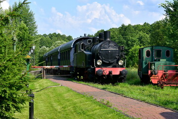 Fototapeta na wymiar A view of a well maintained public park full of shrubs, trees, and grass, with a train station located nearby and an old traditional steam locomotive waiting for departure seen on a sunny summer day