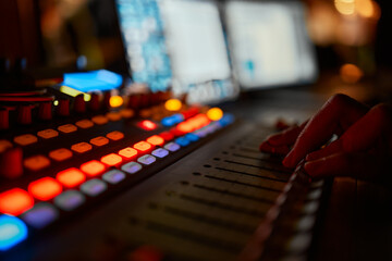 Mixing console for sound producer. Music. Sound. Sound controller. Director's remote.