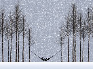 Winter vacation destinations is illustrated with a woman in a hammock between trees in a snowstorm. This is a 3-d illustration.