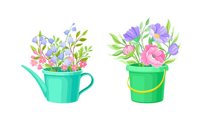 Flowerpot with Flowering Meadow Plant and Blooming Flora Bouquet Vector Set