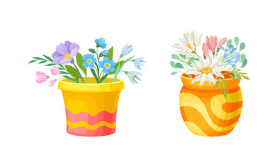 Flowerpot with Flowering Meadow Plant and Blooming Flora Bouquet Vector Set