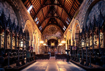 Gothic style church interior with warm internal lighting and wooden roof - stunning brickwork and...