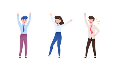 Excited Man and Woman Employee Cheering About Achievement and Prize Gaining Vector Set