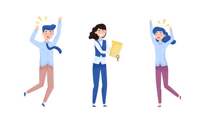 Excited Man and Woman Employee Cheering About Achievement and Prize Gaining Vector Set