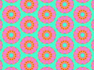 Fototapeta na wymiar Modern colorful and vibrant pattern with abstract flowers in pink, teal and blue colors. Surface design for spring / summer textile, fashionable packaging, wrapping/tissue paper.