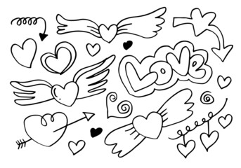 hand drawn doodles set for Valentine's Day. collection of beautiful hearts and writings Love on pink background. Vector illustration.