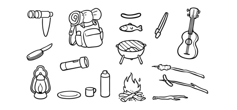 Clipart Icon Set zum Thema Camping als Malvorlage