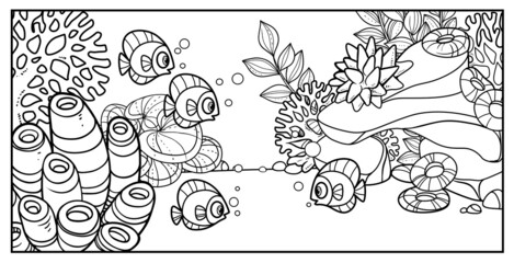 A lot of fish on the background of the seabed with stones, corals, sponges and algae linear drawing for coloring on a white background