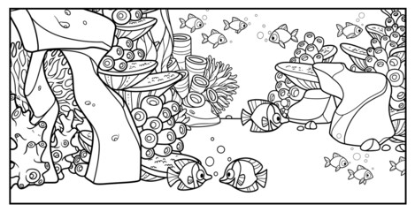 A lot of fish on the background of the seabed with stones, corals, anemones, starfish and algae linear drawing for coloring on a white background