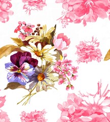 Wild flowers bouquets watercolor isolated on white background seamless pattern.
