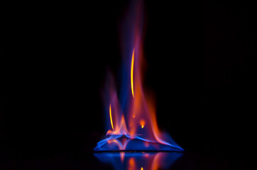 Blue fire flames burning and rising high. Colorful fire flames abstract on the black background