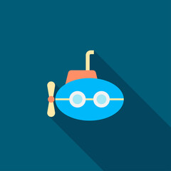 submarine vector icon symbol, flat design, long shadow