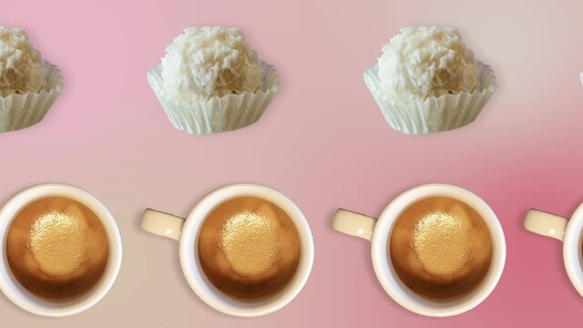 two lines with many cups americano and rafaello candy animated in different direction on a pink gradient background. The concept of the day of St. Valentine's, weddings, birthday and other holidays