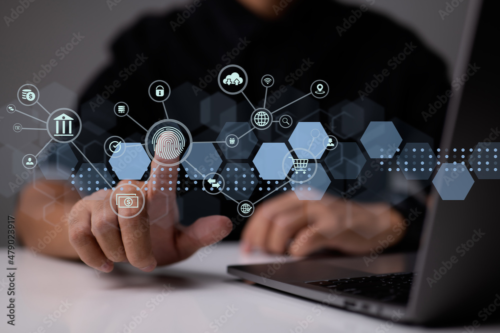 Aufkleber Biometric identification fingerprint scanner with futuristic digital processing for access to personal financial data digital program surveillance and security scanning futuristic cyber applications.