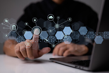 Biometric identification fingerprint scanner with futuristic digital processing for access to personal financial data digital program surveillance and security scanning futuristic cyber applications.