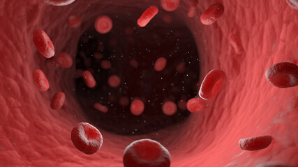 3d rendered illustration of red blood cells in a human artery