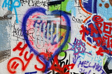 Coeur bleu et graffitis. Mur de Berlin. 