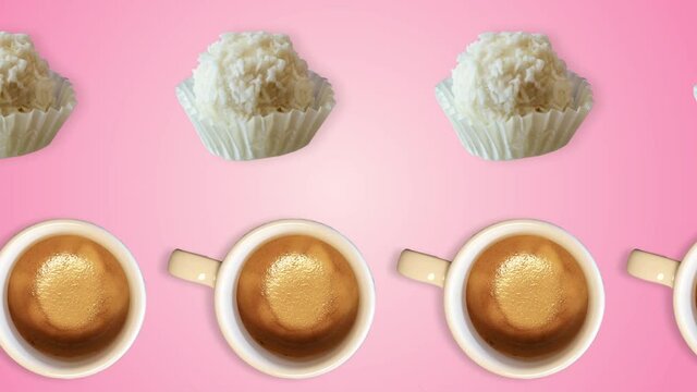two lines with many cups americano and rafaello candy animated in different direction on a pink gradient background. Romantic Greeting card template for Valentines Day concept