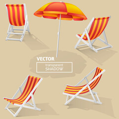 Striped sunchairs and beach parasol with transparent shadows isolated on beige sand.