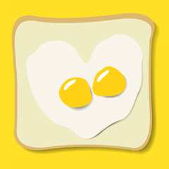 Vector breakfast concept with egg and toast. Healthy morning meal. Light breakfast toast and two fried eggs in the shape of a heart. Bread slice and eggs with yolk.