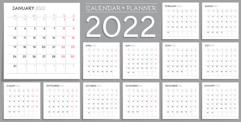 Calendar Planner Design 2022 and January 2023. Week starts from Monday.