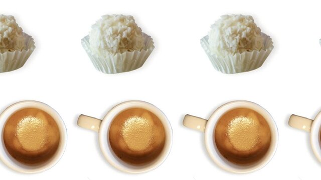 two lines with many cups americano and rafaello candy animated in different direction on the white color background. Romantic Greeting card template for Valentines Day concept
