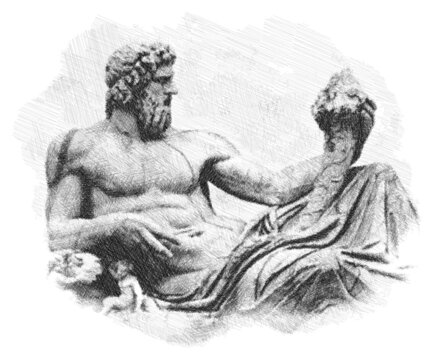 Pencil sketch drawing of the statue of the river god Tiberinus. Piazza del Campidiglio, Rome. Poster, Wall Decoration, Postcard, Social Media Banner, Brochure Cover Design Background. Vector Pattern.