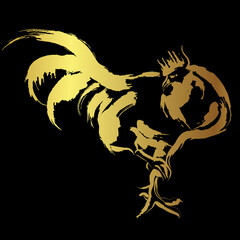 Rooster art .Golden brush stroke painting over black background