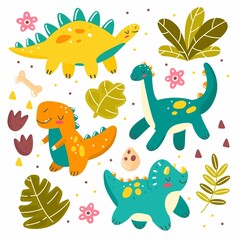Set with cute dinosaurs, leaves in cartoon style. Childrens illustration isolated on background.