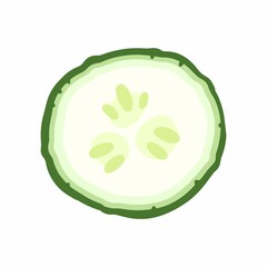 Round slice of cucumber isolated on white background. Illustration in cartoon flat style.